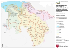 Karte der Gewässer und Küste in Niedersachsen, für die ein potentielles signifikantes Hochwasser besteht oder für wahrscheinlich gehalten werden kann