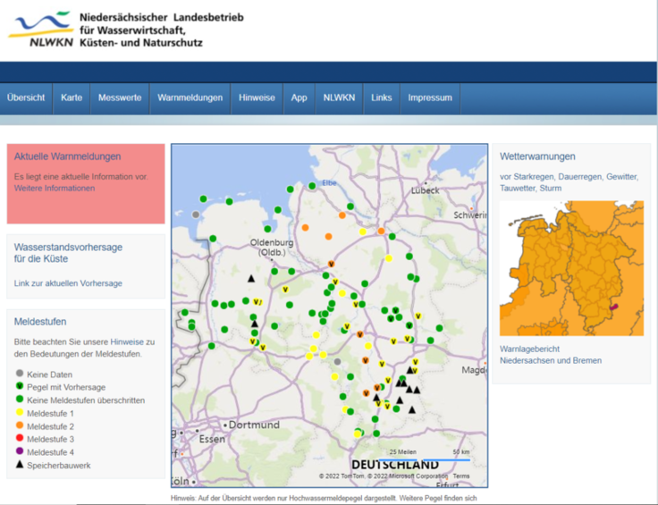 NLWKN Pegel-Portal mit aktuellen Pegeldaten, Vorhersagen und gebietsbezogenen Hochwasserwarnungen, hier Darstellung einer landesweiten Hochwasserlage.