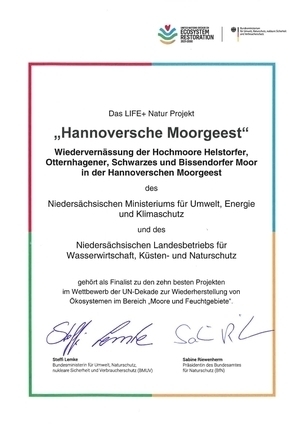 Urkunde zur Auszeichnung im UN-Dekade-Projektwettbewerb als TOP 10-Projekt im Bereich Moore und Feuchtgebiete im Jahr 202