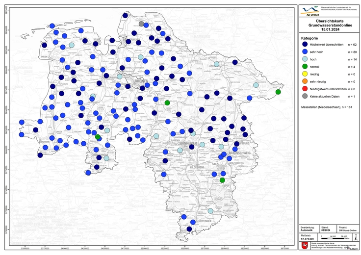 Klassifikation des Grundwasserstands an den Grundwassermessstellen aus Grundwasserstandonline im Januar 2024 (sehr hohe Grundwasserstände).