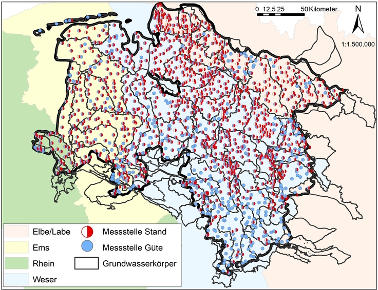 Karte der niedersächsischen EG-WRRL Flussgebietseinheiten, Grundwasserkörper und die Grundwassermessstellen der EG-WRRL Messnetze GW-Güte und GW-Stand ( (Stand 2021))