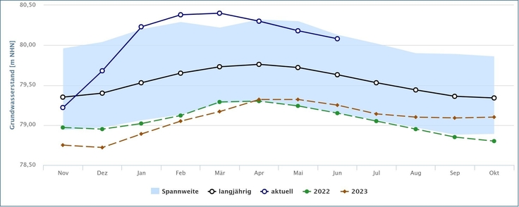 Exemplarische Entwicklung des Grundwasserstands in Form von Monatsmittelwerten im Verlauf eines hydrologischen Jahres (November bis Oktober).