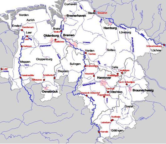 Übersicht über die Gütemessstationen an den niedersächsischen Gewässern