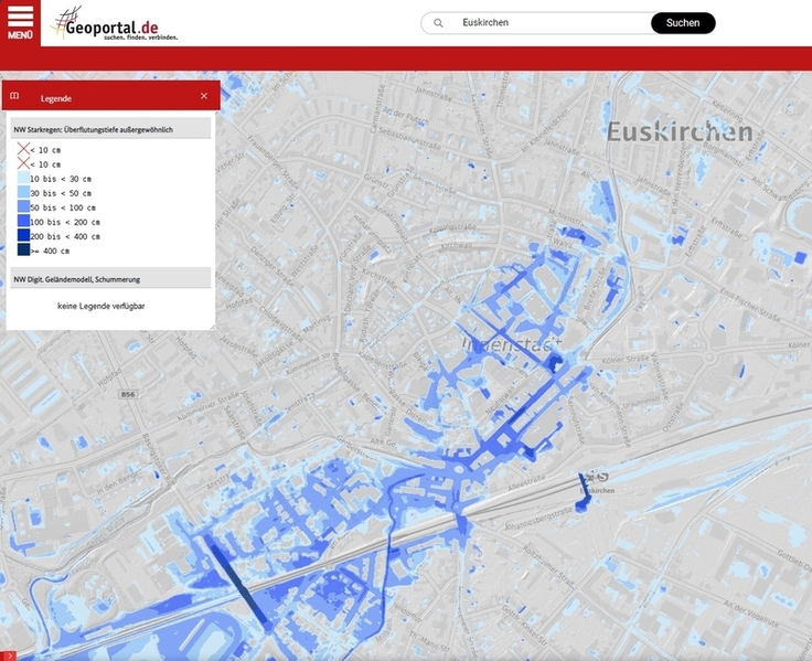 Ausschnitt aus der Hinweiskarte Starkregengefahren vom Geoportal des Bunds für Nordrhein-Westfalen