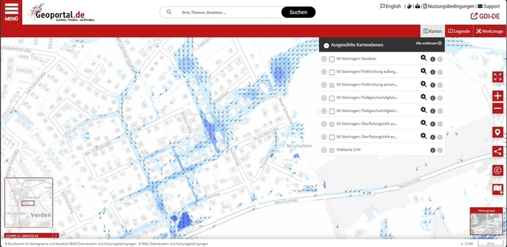 Ausschnitt aus der Hinweiskarte Starkregengefahren vom Geoportal des Bunds für Niedersachsen mit den Wassertiefen und den Fließrichtungen in Verden