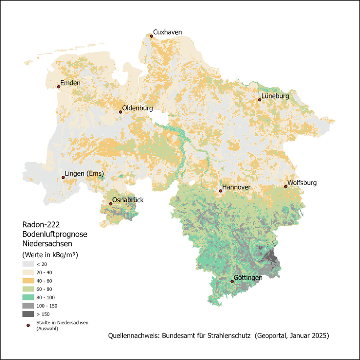 Radon-222 Bodenluftprognosekarte Niedersachsen