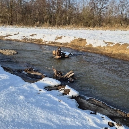 In den neuen Verlauf eingebaute Strukturelemente bewirken eine Strömungsdiversität im Gewässer (Foto: NLWKN, Februar 2025)